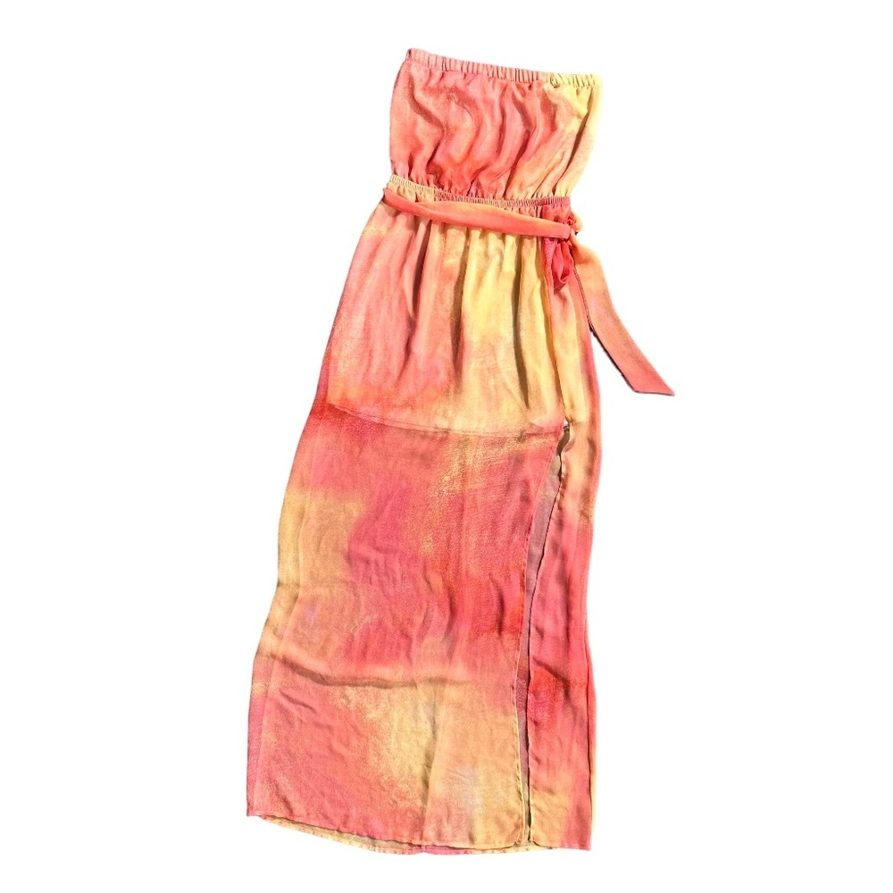 | Lush | Peachy Yellow Tie-Dye Breezy Sheer Tube Strapless High Slit Maxi Dress